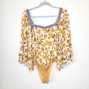 Intimately Free PEOPLE Blooming Borders Floral Bodysuit Women Medium Bell Sleeve